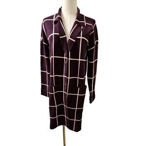 New NINE WEST Sweater Long Coat Cardigan Duster Deep‎ Purple Plaid Rayon Small 4